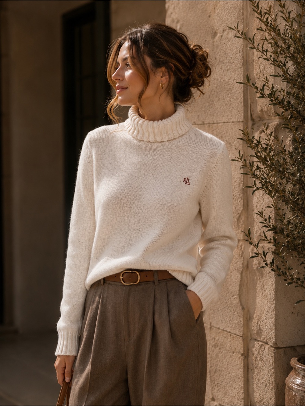 RALPH LAUREN | 100% Cotton Sweater | Cream Ribbed Turtleneck Sweater